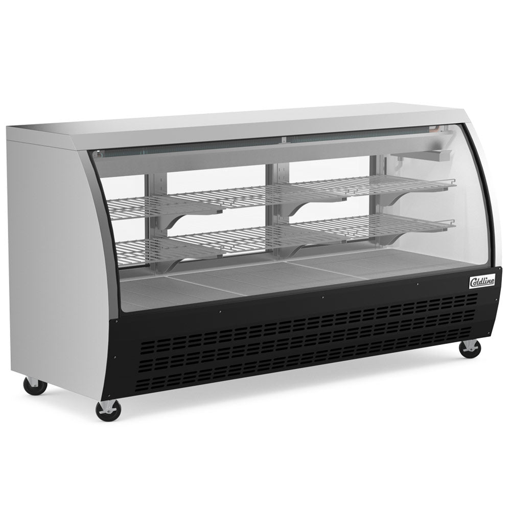 Coldline DC80-B black curved glass deli display case, angled front view