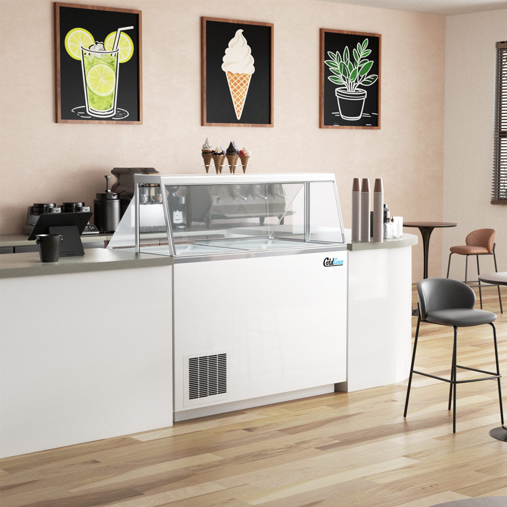 Coldline DIP-46 ice cream dipping cabinet, behind a cafe counter