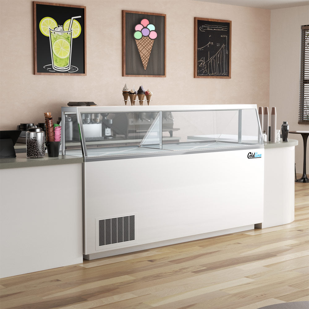 Coldline DIP-88 ice cream dipping cabinet, behind a cafe counter