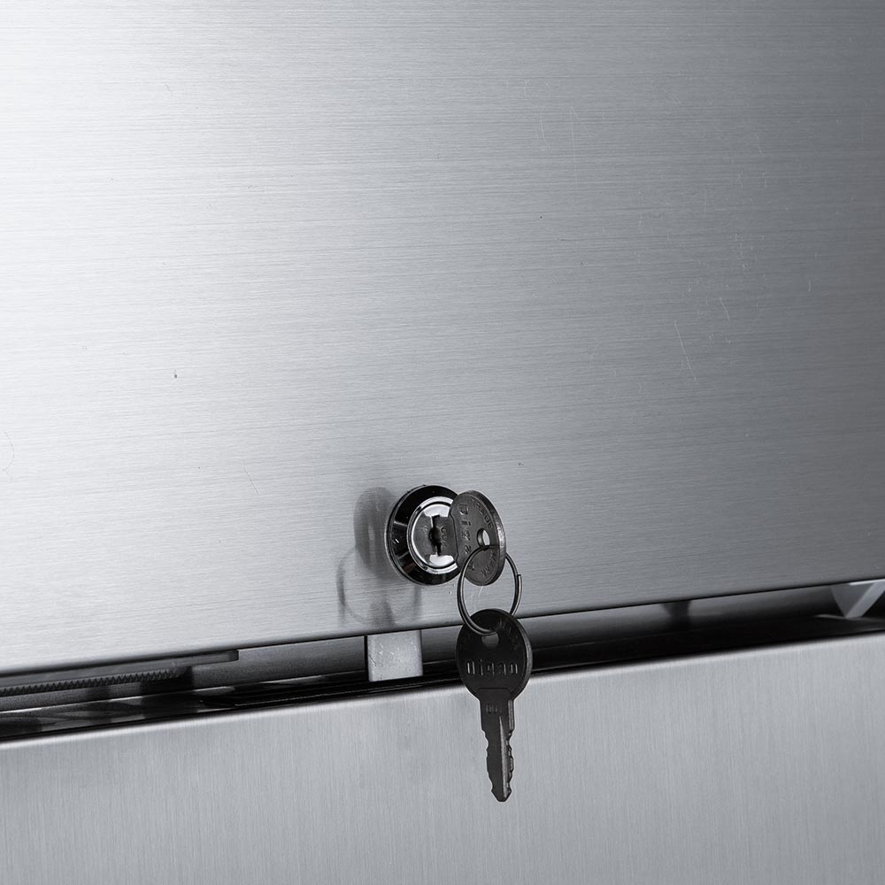 Coldline C-2RR-TM solid door reach-in refrigerator, door lock with key, close-up