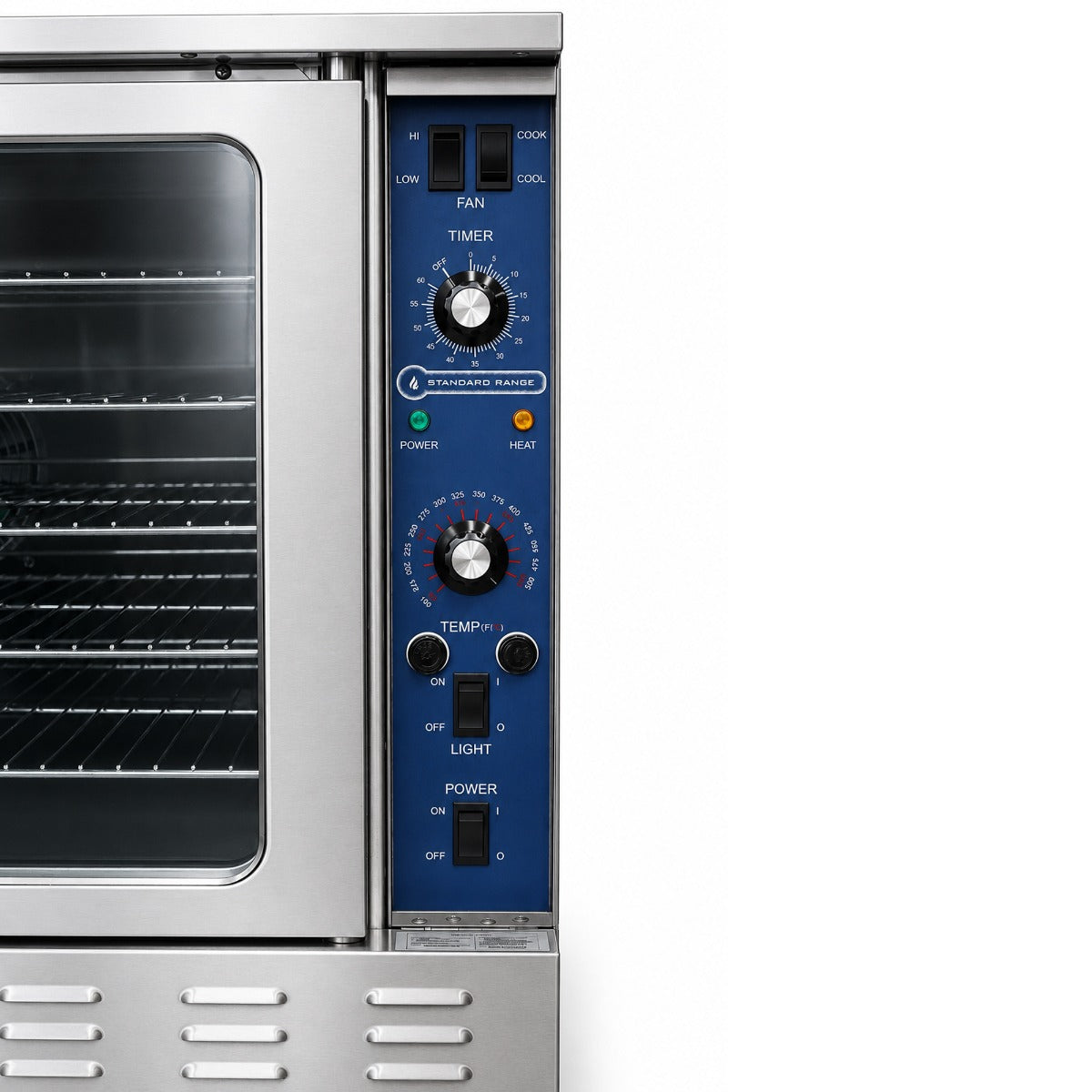 Standard Range SR-COE-SGL-240 single deck electric convection oven, control panel and door window, close-up