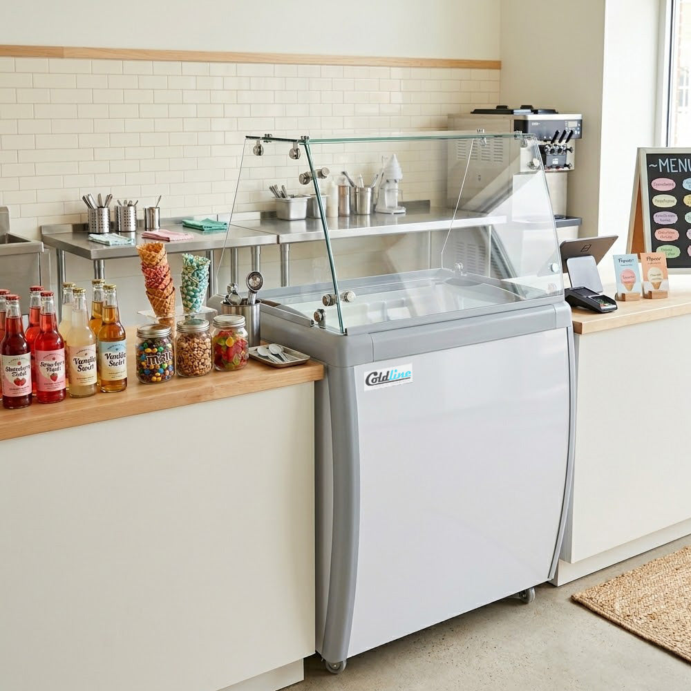 Coldline DP-160-FSG ice cream dipping cabinet, in an ice cream shop