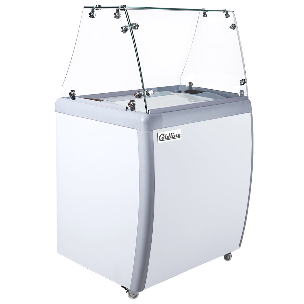 Coldline DP-160-FSG ice cream dipping cabinet, with glass sneeze guard, angled front view