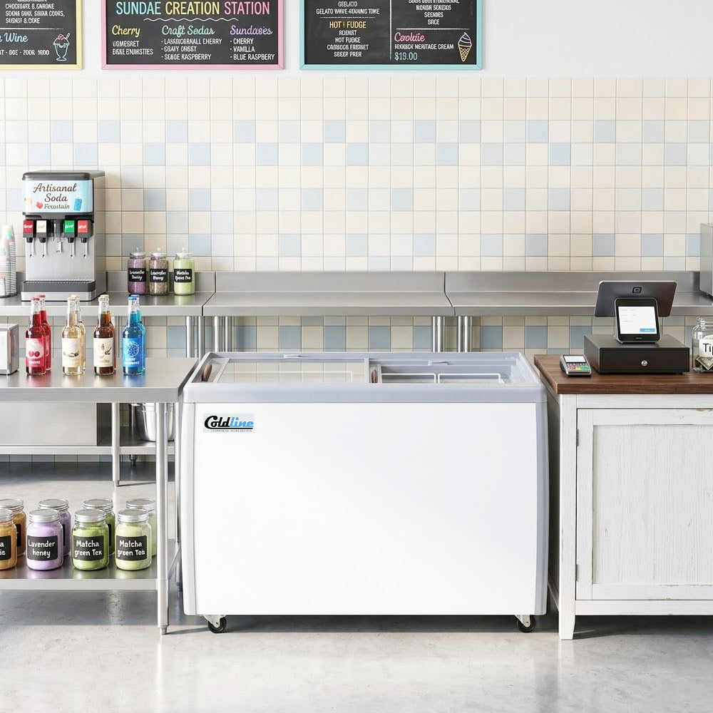 Coldline DP-360 ice cream dipping cabinet, in an ice cream shop