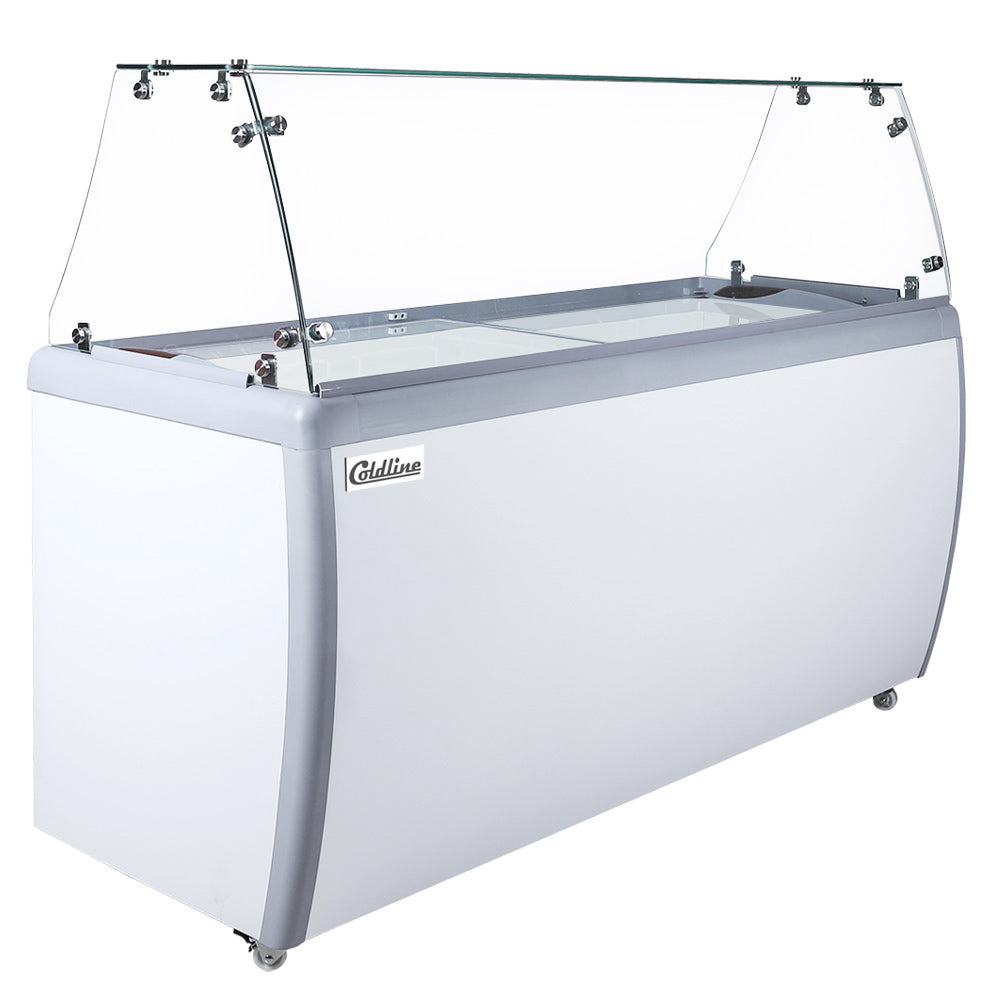Coldline DP-560-FSG ice cream dipping cabinet, with glass sneeze guard, angled front view