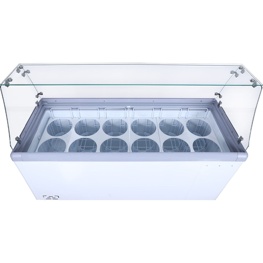 Coldline DP-560-FSG ice cream dipping cabinet, with sneeze guard, top view of the 12 tub holes