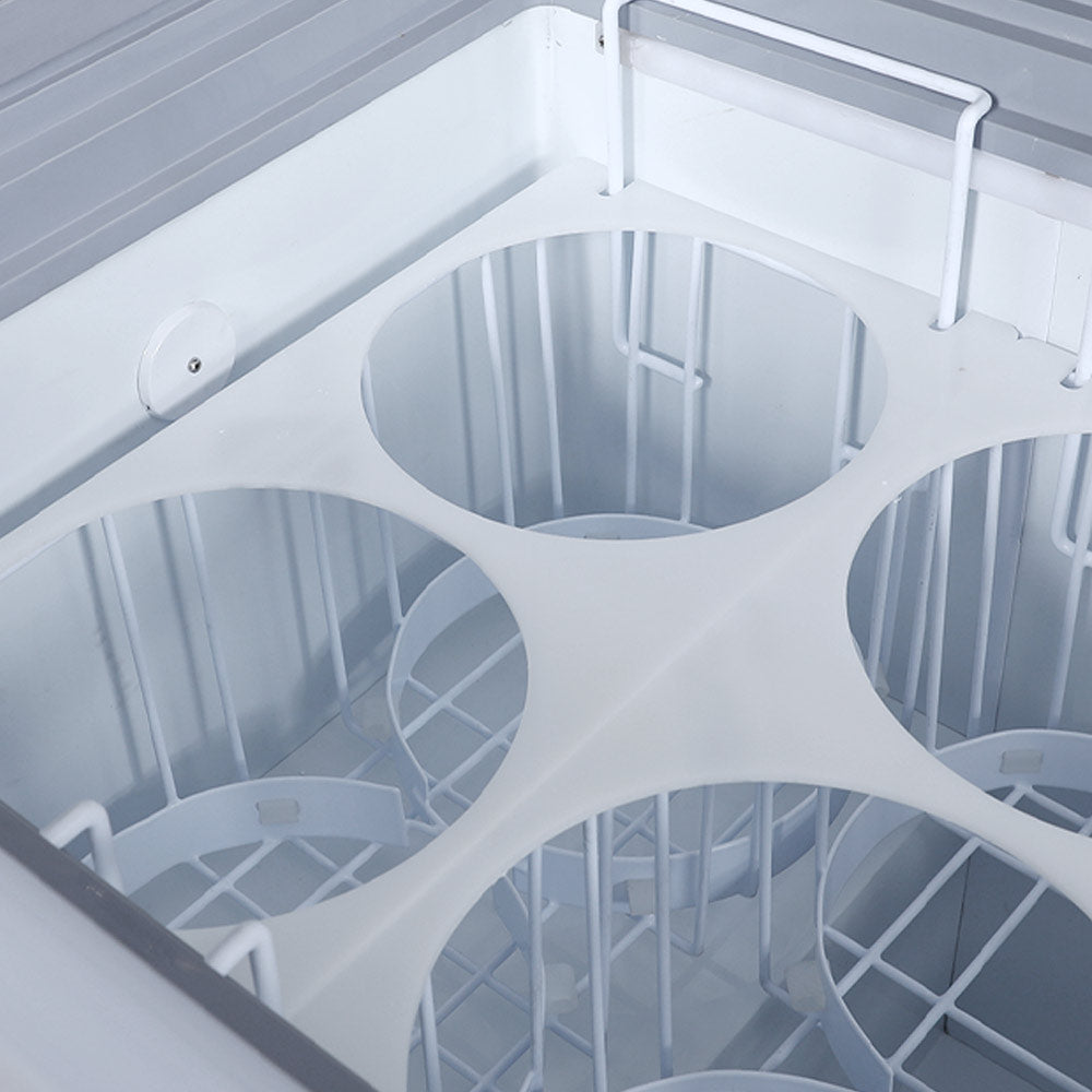 Coldline DP-360 ice cream dipping cabinet, tub holders seen through the open lid