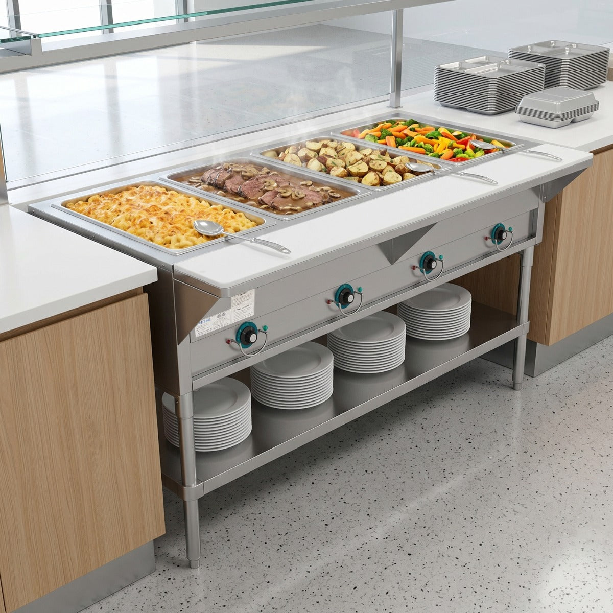 Prepline EST60-4O-110 electric steam table, holding food on a serving line