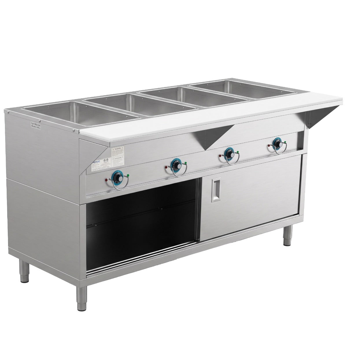 Prepline ESTC60-4S-110 4-well electric steam table, angled front view, one sliding door open (representative image)