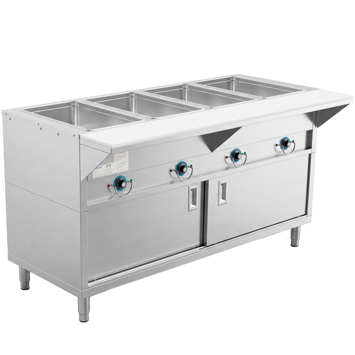Prepline ESTC60-4S-110 4-well electric steam table, angled front view, sliding doors closed (representative image)