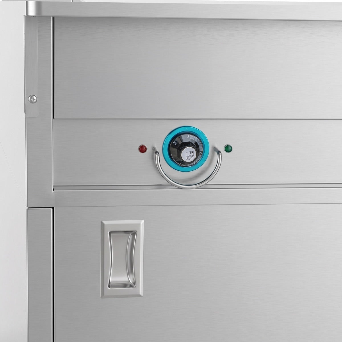 Prepline ESTC74-5S-LT electric steam table with lighted sneeze guard, heat control and sliding door handle, close-up (representative image)