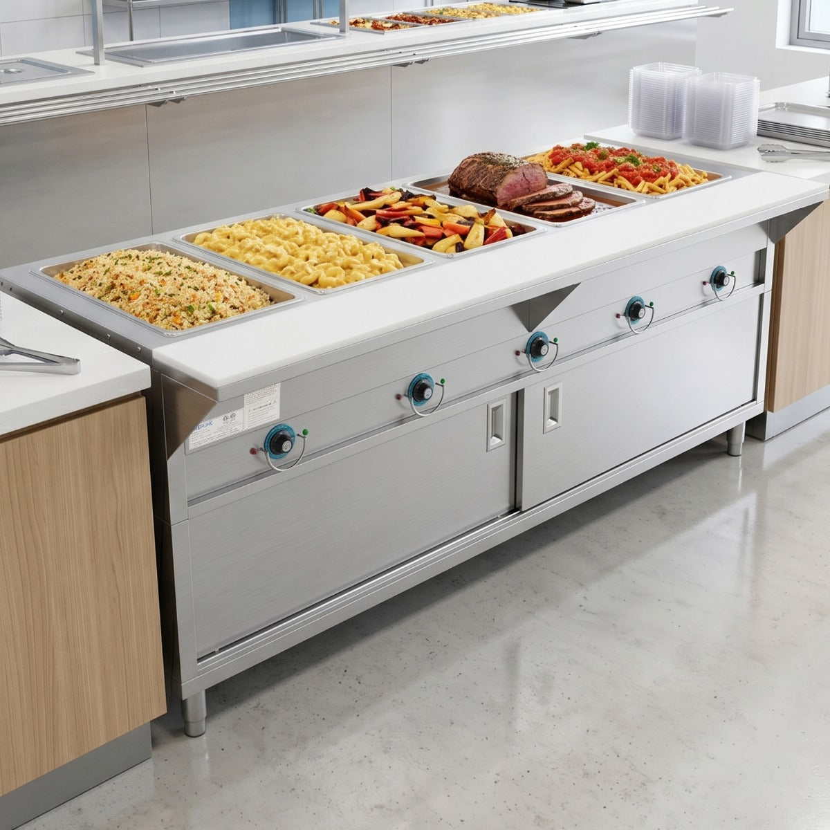 Prepline ESTC74-5O 5-well electric steam table, holding food pans on a serving line (representative image)