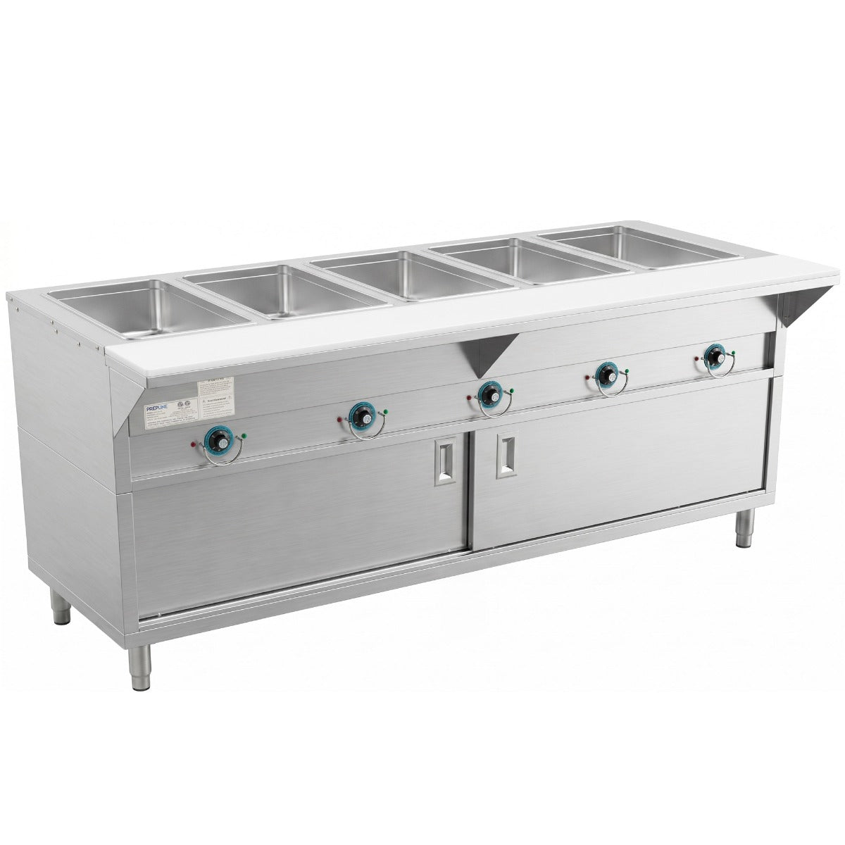 Prepline ESTC74-5O 5-well electric steam table, angled front view, sliding doors closed (representative image)
