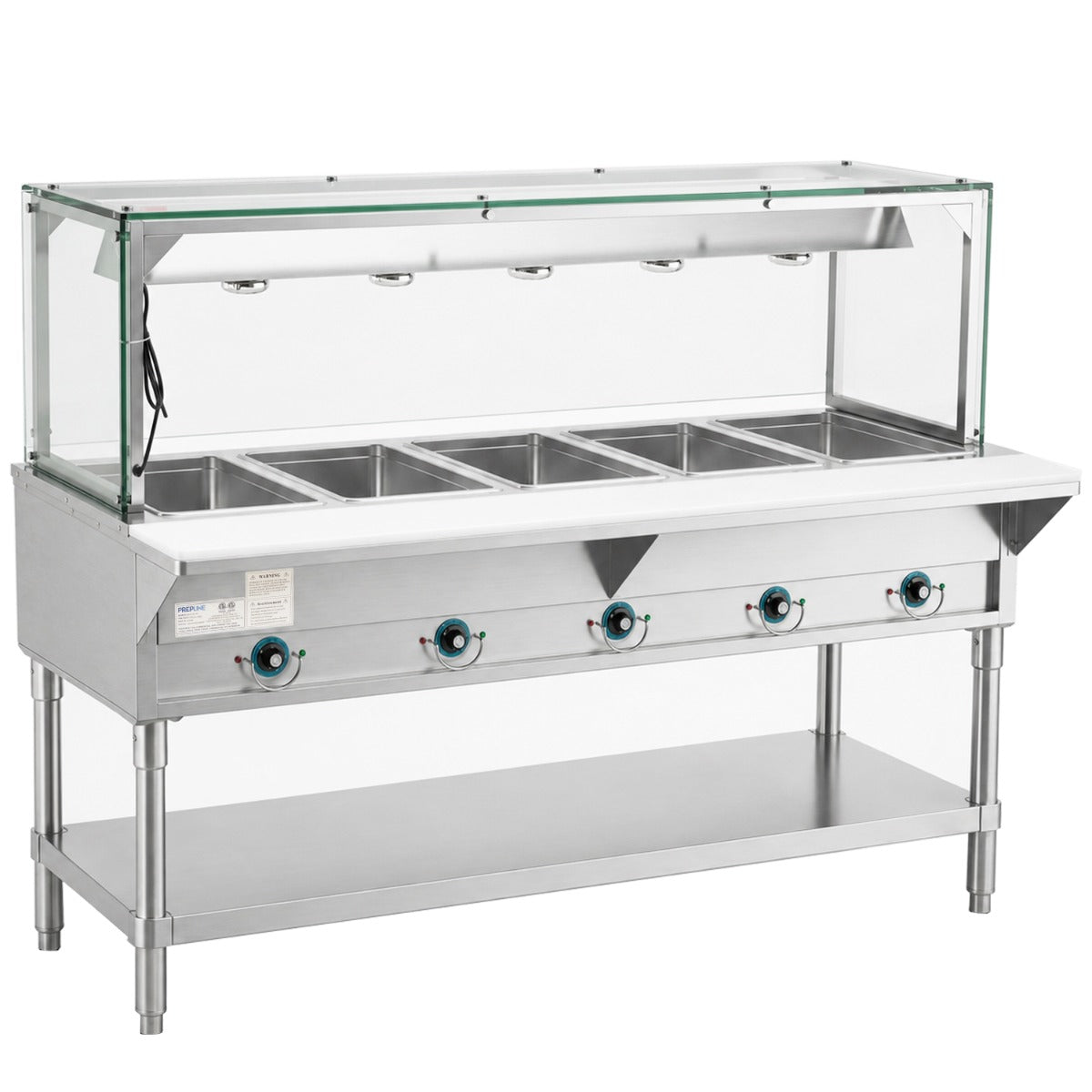 Prepline EST74-5O-LT electric steam table with lighted sneeze guard, angled front view