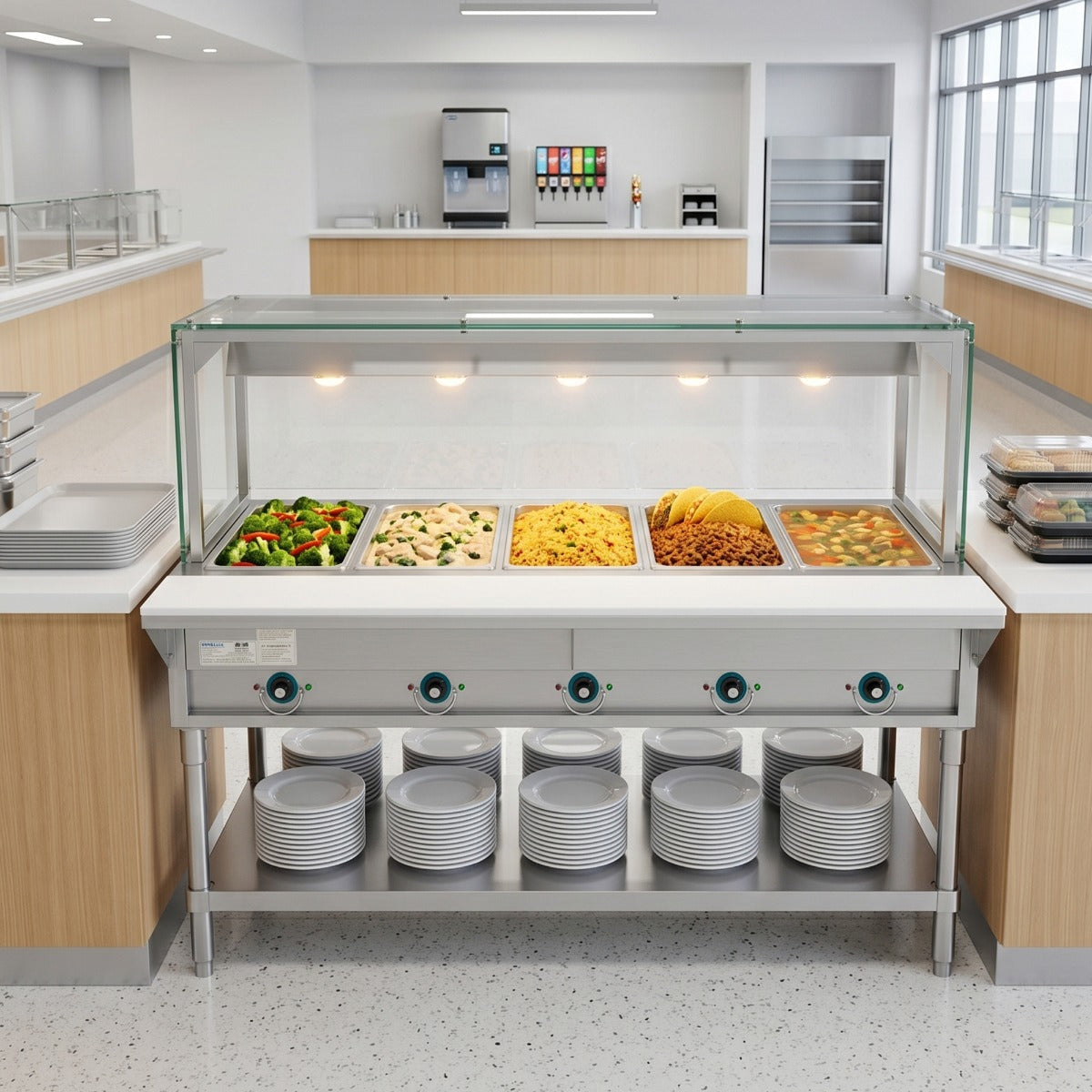 Prepline EST74-5O-LT electric steam table with lighted sneeze guard, holding food on a serving line