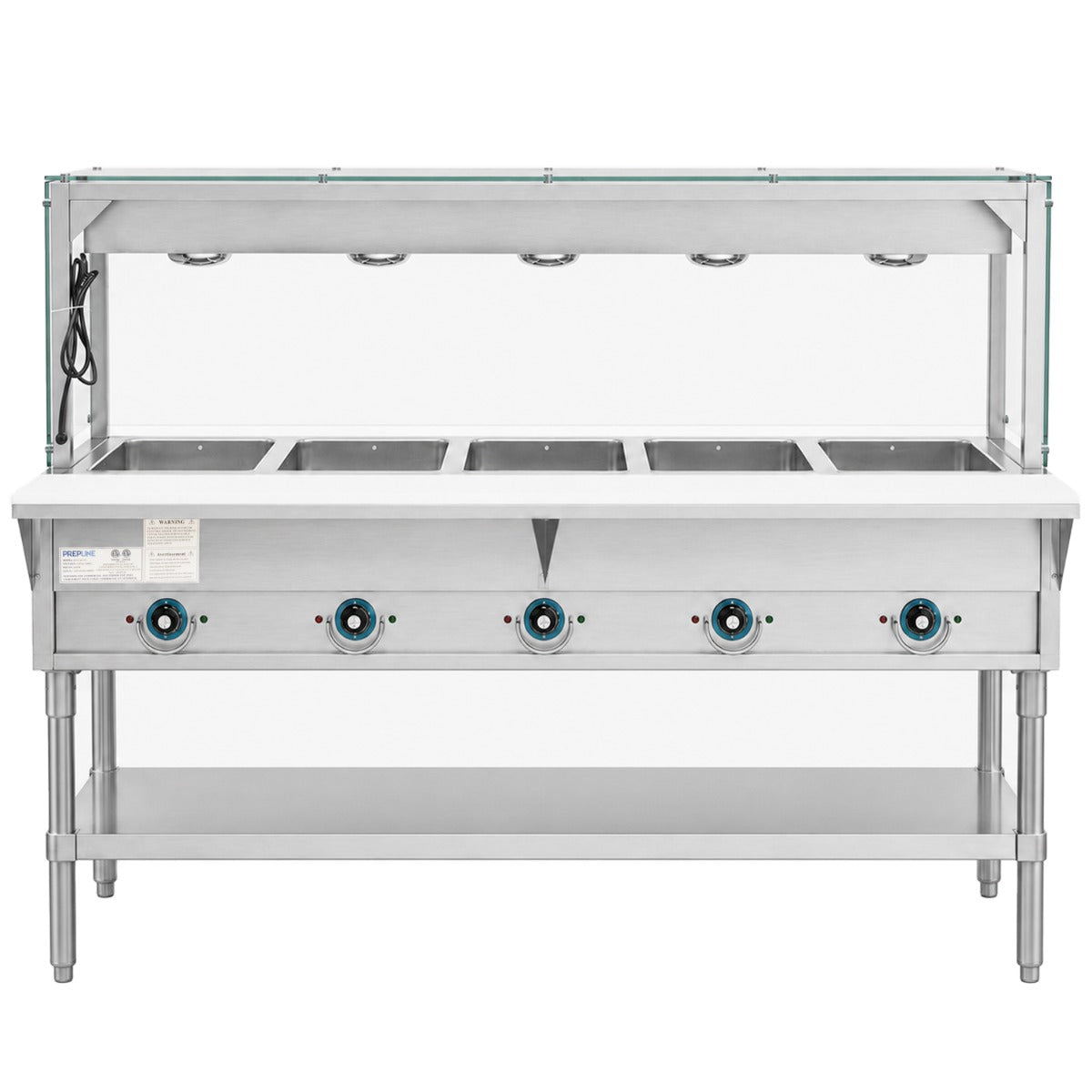 Prepline EST74-5O-LT electric steam table with lighted sneeze guard, front view