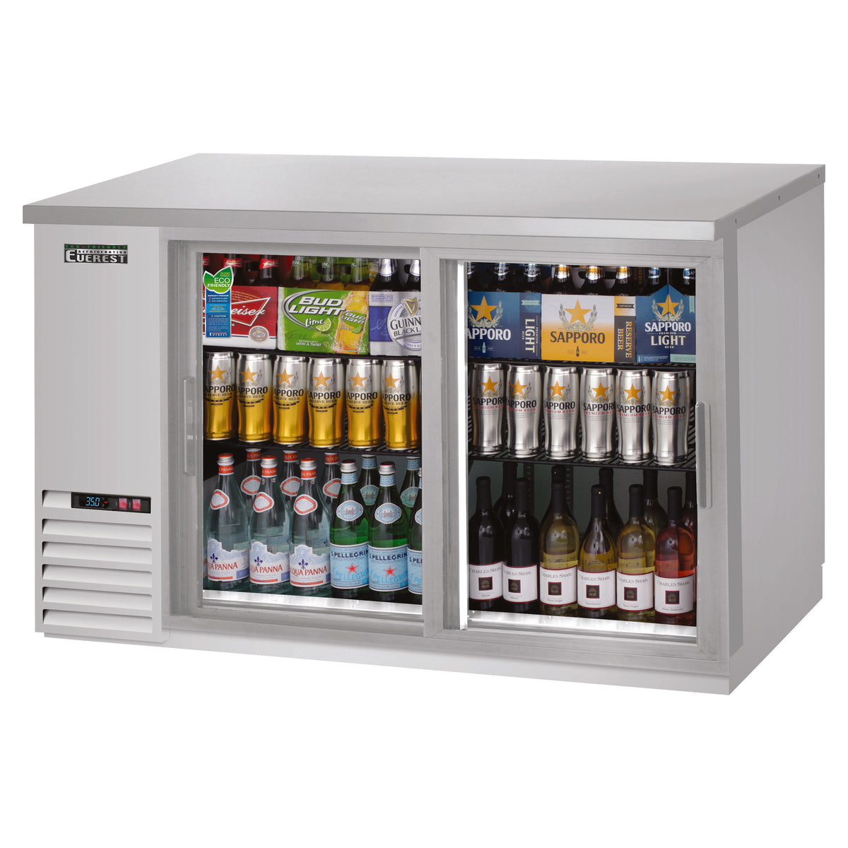 Everest EBB59G-SD-SS 57" Two Section Back Bar Cooler with Glass Door, 17.0 cu. ft.