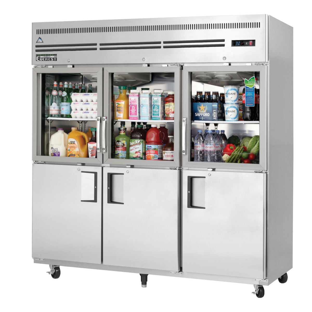 Everest EGSH6 74" 3-Section Reach-In Refrigerator w/ 3 Solid & 3 Glass Half Doors, Top Mount, Stainless Steel, 71 cu. ft.