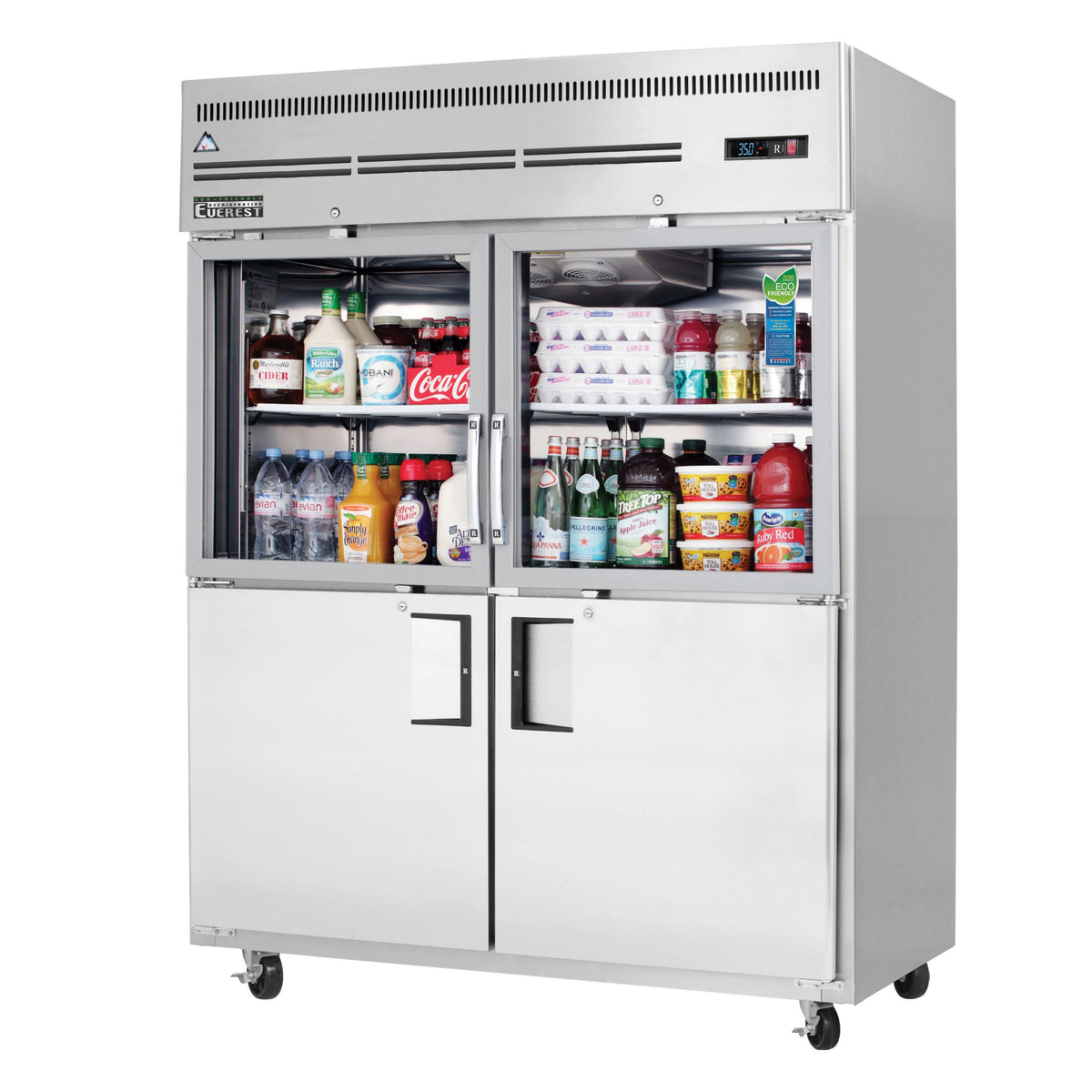 Everest EGSWH4 59" 2-Section Reach-In Refrigerator w/ 2 Solid & 2 Glass Half Doors, Top Mount, Stainless Steel, 55 cu. ft.