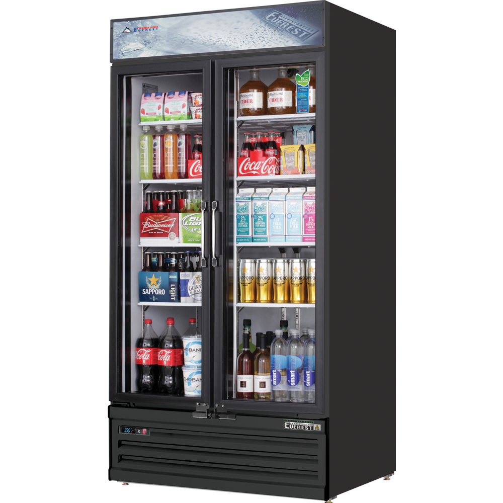 Everest EMSGR33B 39" Two Glass Door Merchandiser Refrigerator in Black, 36 cu. ft.