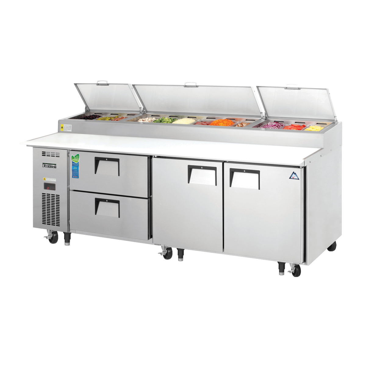 Everest EPPR3-D2 93" 3-Section Refrigerated Pizza Prep Table w/ 2 Doors & 2 Drawers