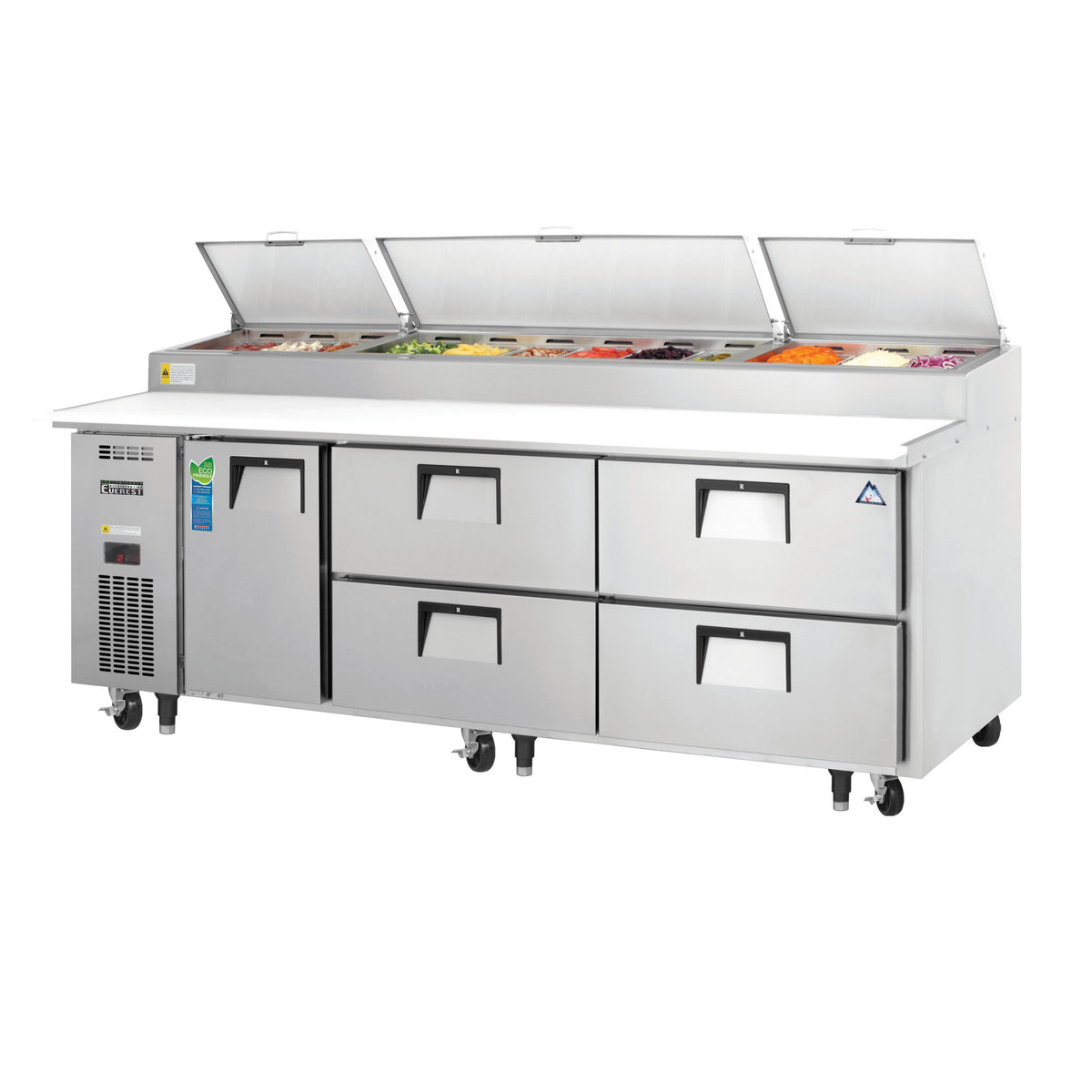 Everest EPPR3-D4 93" 3-Section Refrigerated Pizza Prep Table w/ 1 Door & 4 Drawers
