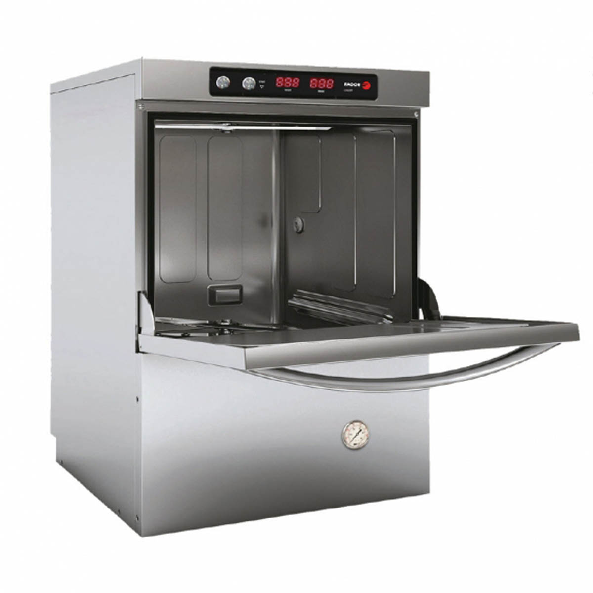 Fagor EVO Concept undercounter dishwasher, door open, front angle view (representative image)
