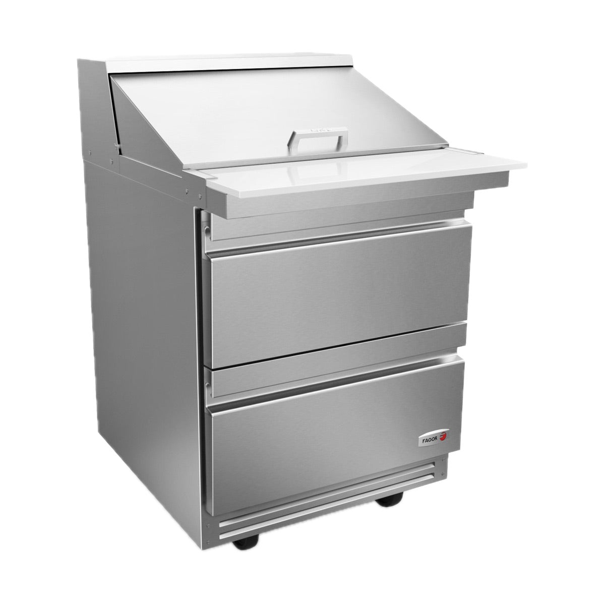 Fagor FMT-27-12-D2-N 2-drawer mega top prep table, front angle view, lid closed