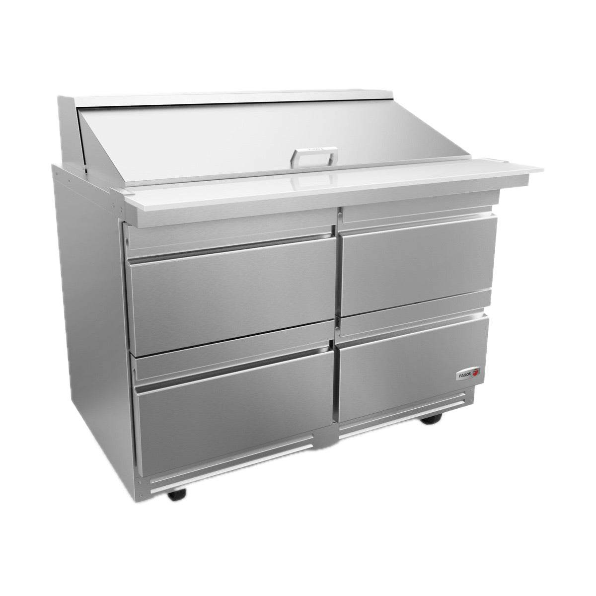 Fagor FMT-48-18-D4-N 4-drawer mega top prep table, front angle view, lid closed