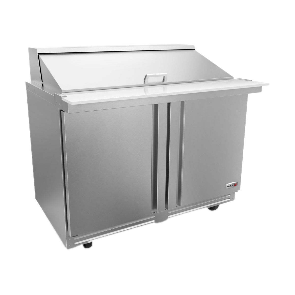 Fagor FMT-48-18-N 2-door mega top prep table, front angle view, lid closed
