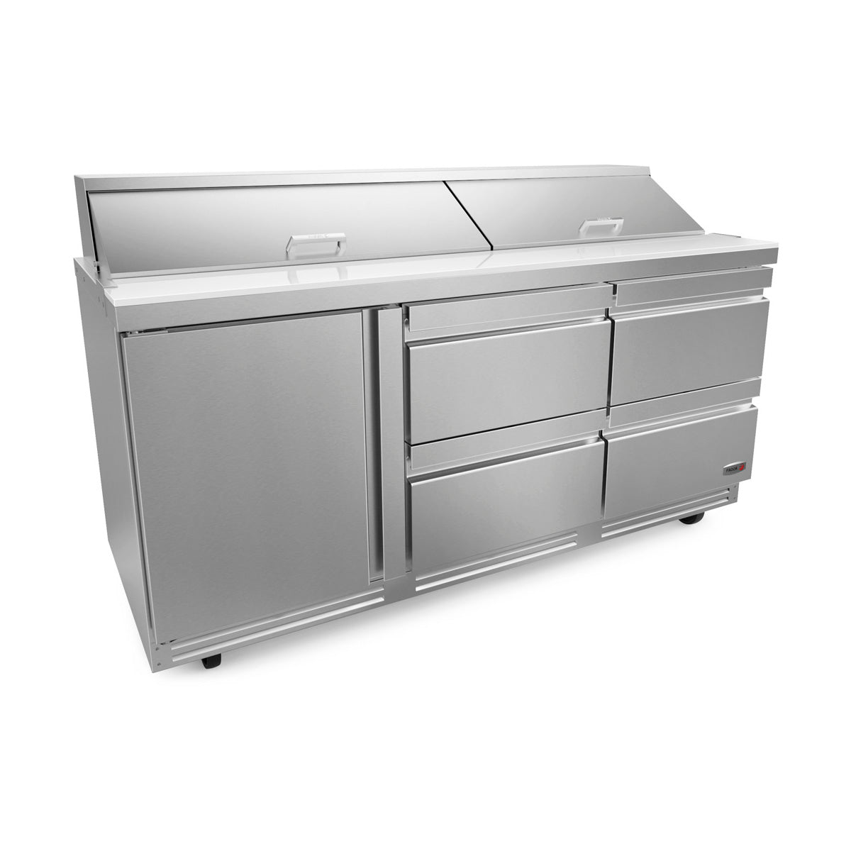 Fagor FMT-72-30-D4-N mega top prep table, representative photo of a Fagor standard-top table with 1 door and 4 drawers, front angle view