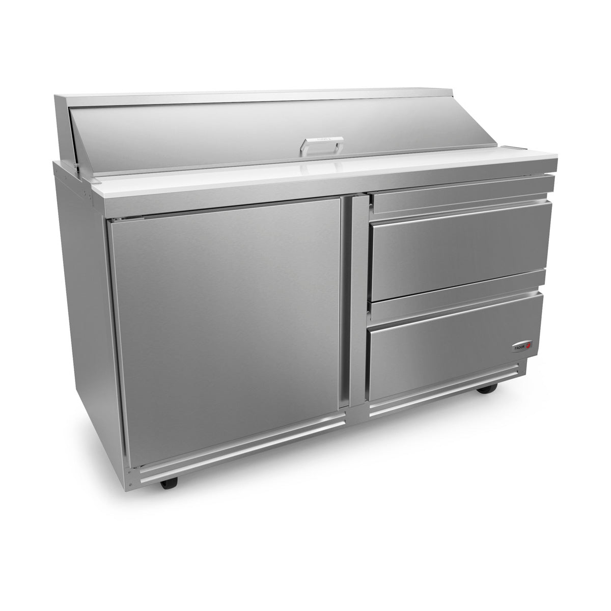Fagor FST-60-16-D2-N 1-door, 2-drawer sandwich and salad prep table, front angle view, lid closed