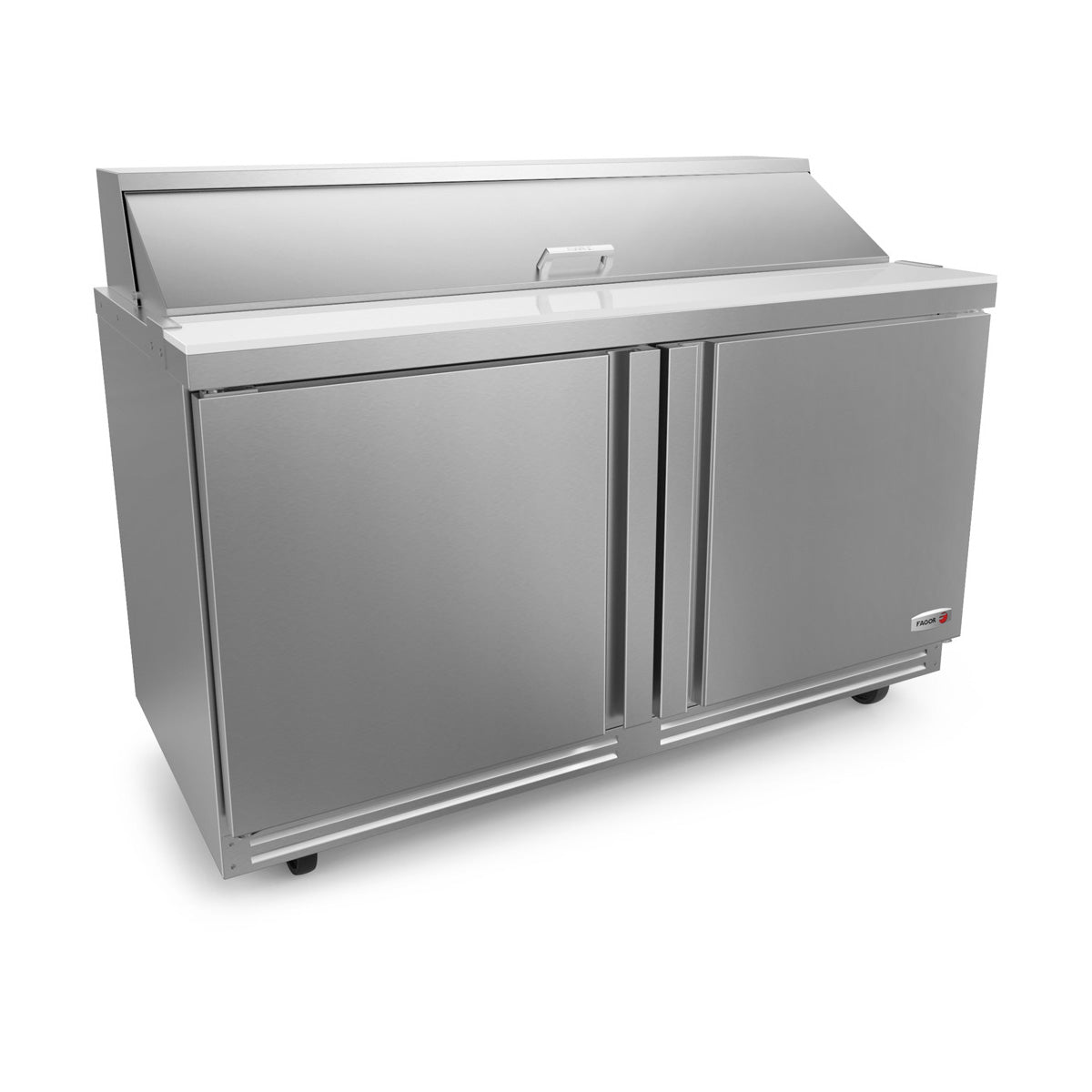 Fagor FST-60-16-N 2-door sandwich and salad prep table, front angle view, lid closed