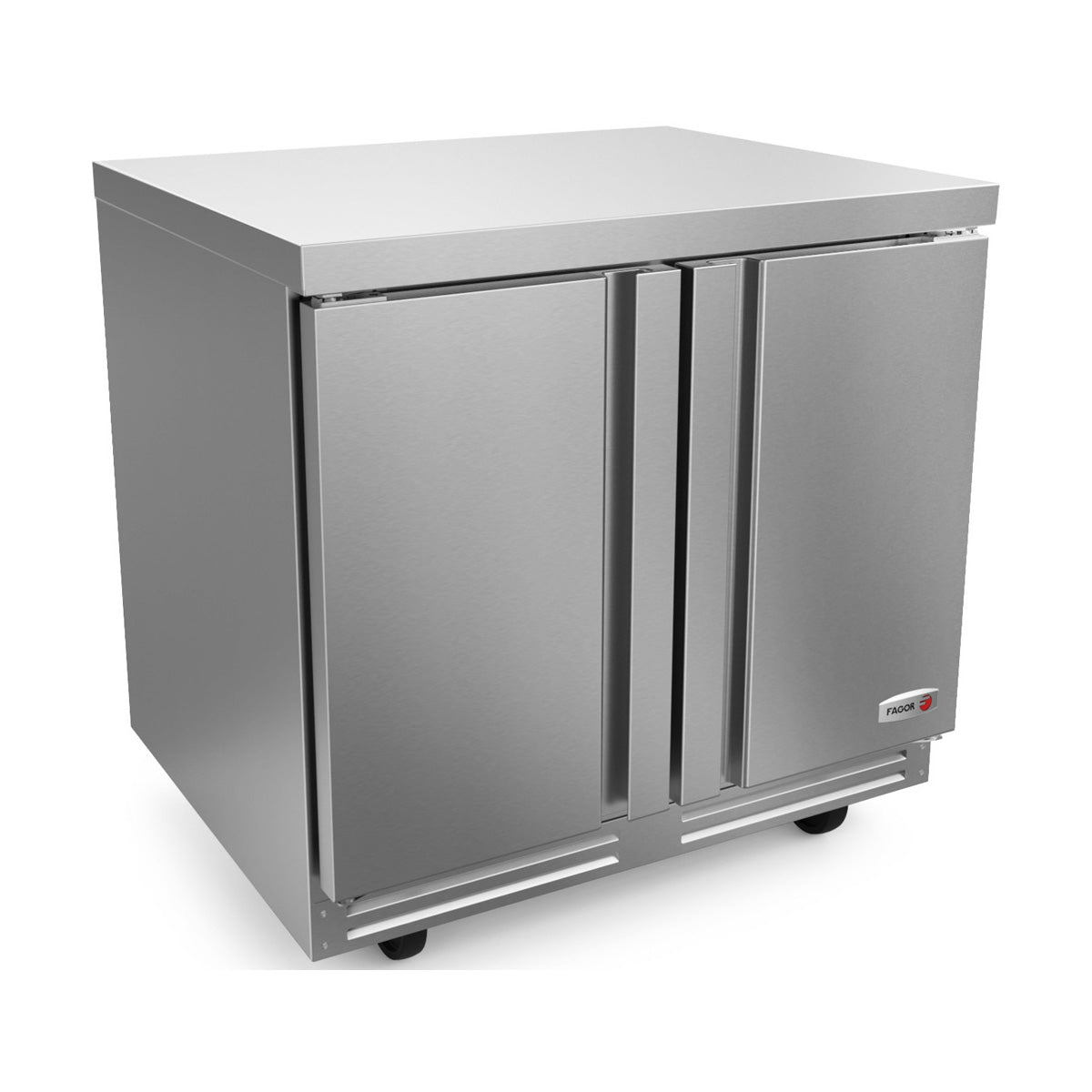Fagor FUR-36-N 2-door stainless steel undercounter refrigerator on casters, front angle view