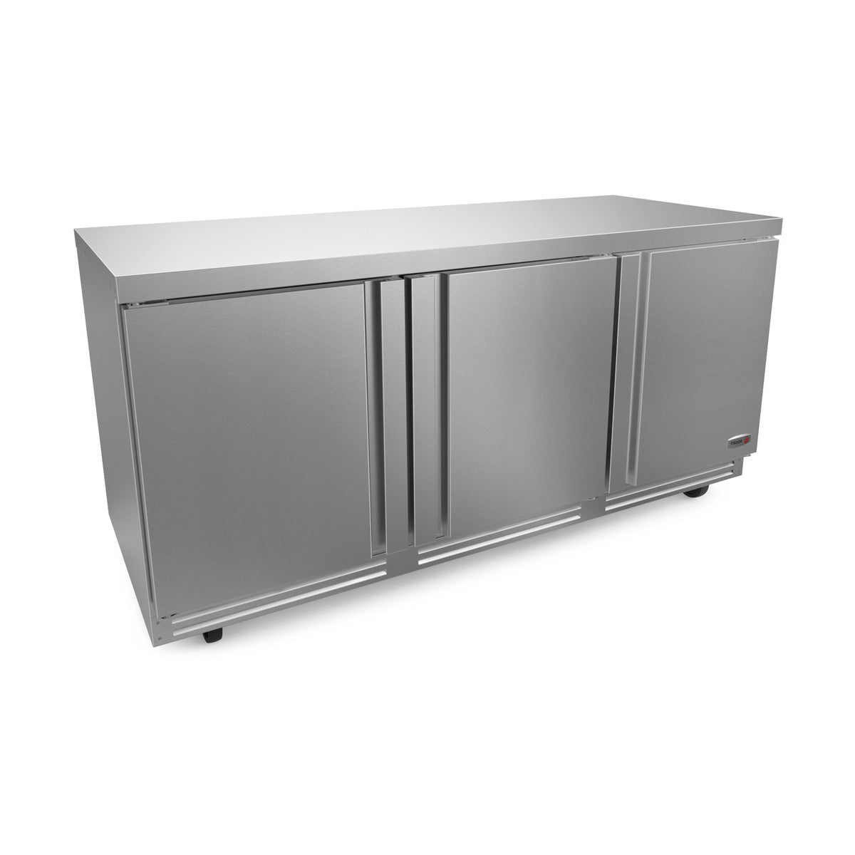 Fagor FUR-72-N 3-door stainless steel undercounter refrigerator on casters, front angle view