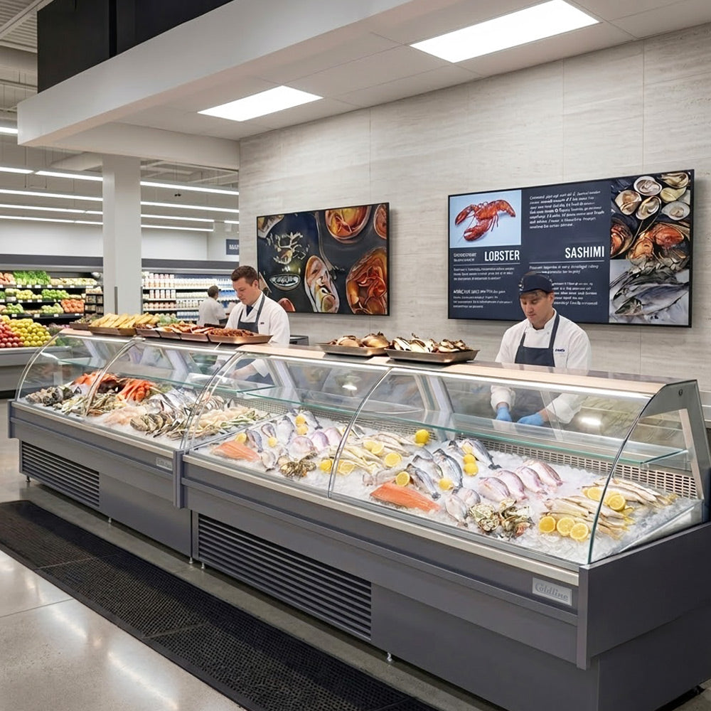 Coldline SDC98-F refrigerated fish display case, in a supermarket seafood department