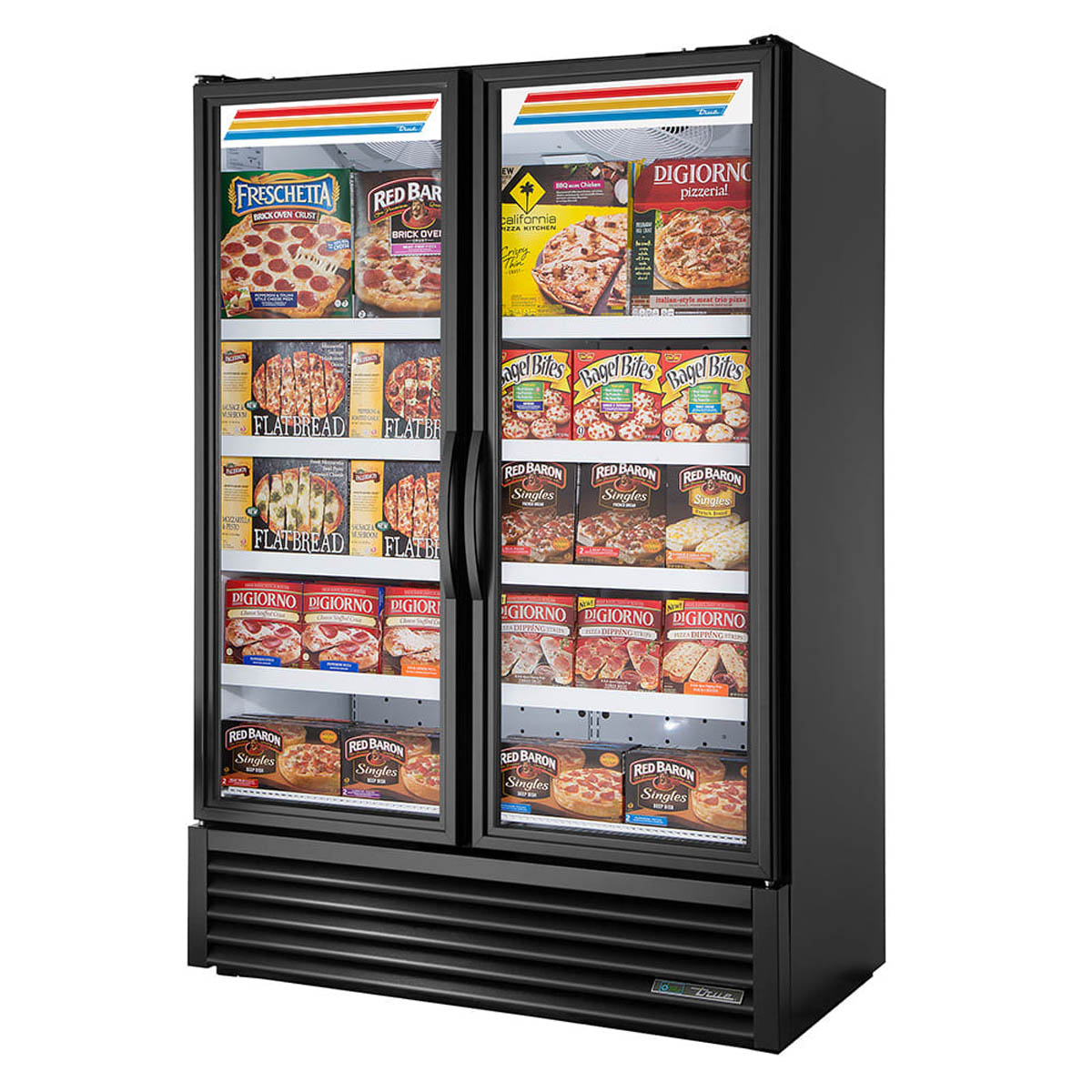 True FLM-54F~TSL01 2-door full length glass door freezer, front angle view, stocked with frozen food