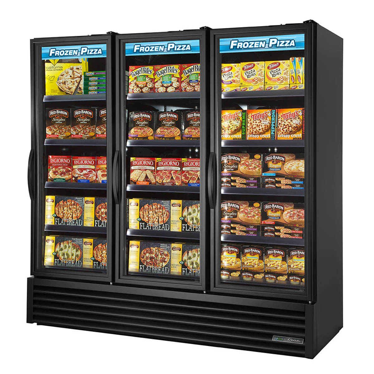 True FLM-81F~TSL01 3-door full length glass door freezer, front angle view, stocked with frozen food