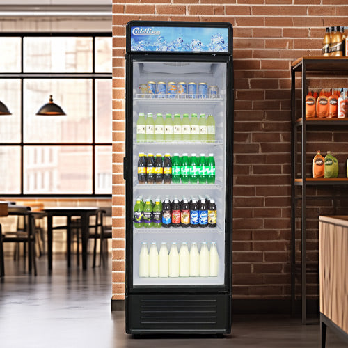 Coldline G12E-B 24" Single Glass Door Merchandiser Refrigerator with LED lighting, Black, 12 Cu. Ft.