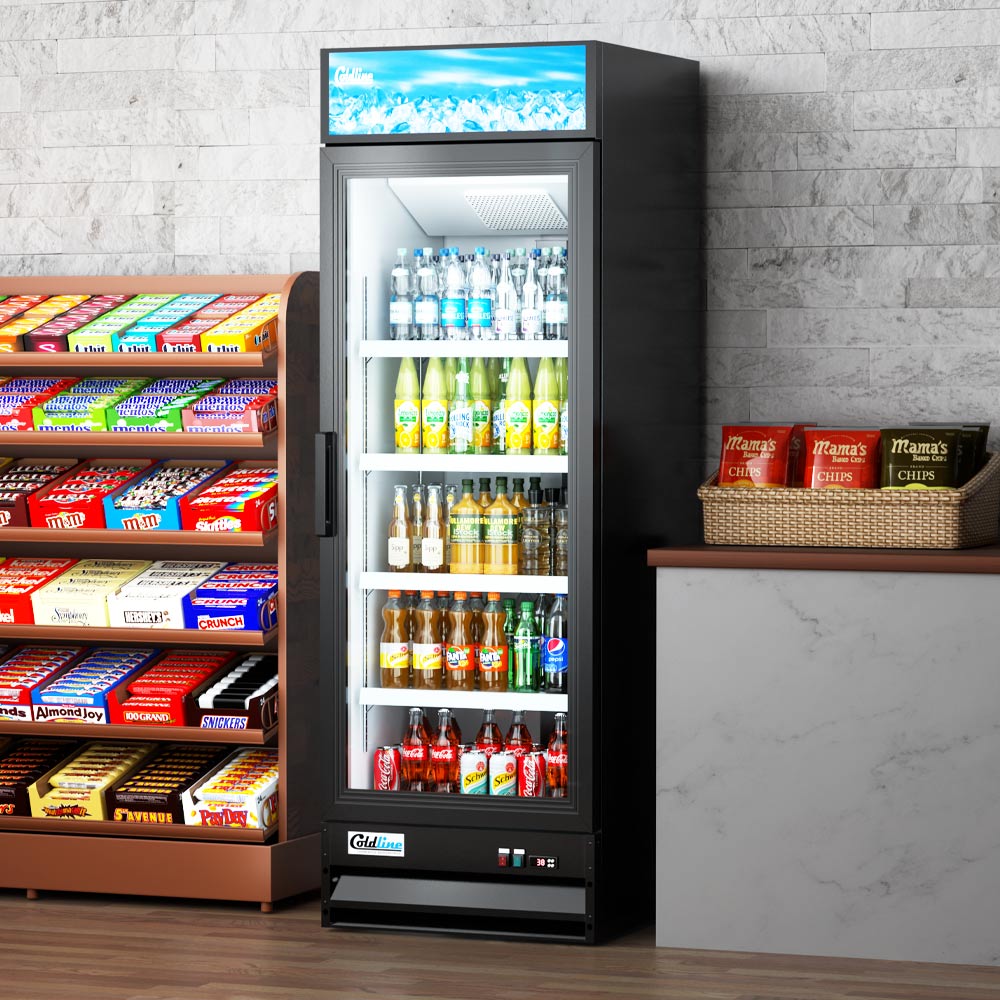 Coldline G15-B black glass door merchandiser refrigerator, stocked with drinks in a store (representative image)