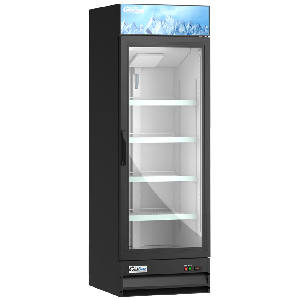Coldline G15-B black glass door merchandiser refrigerator, angled front view, empty, lights on
