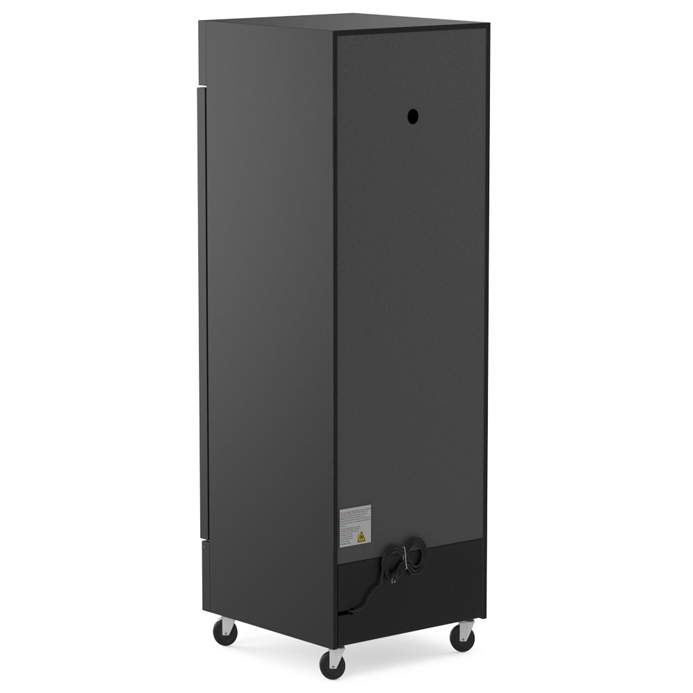Coldline D12-B black glass door merchandiser freezer, rear angled view
