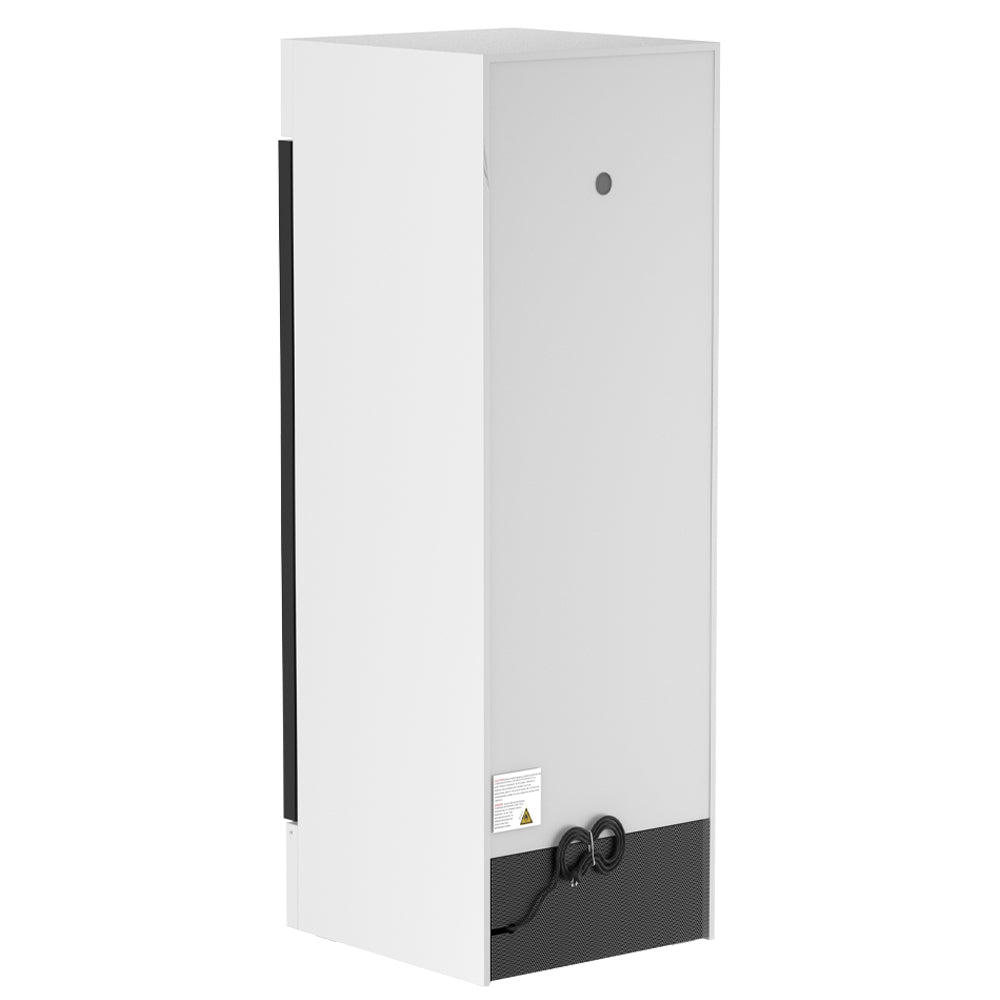 Coldline G15-W white glass door merchandiser refrigerator, rear angled view