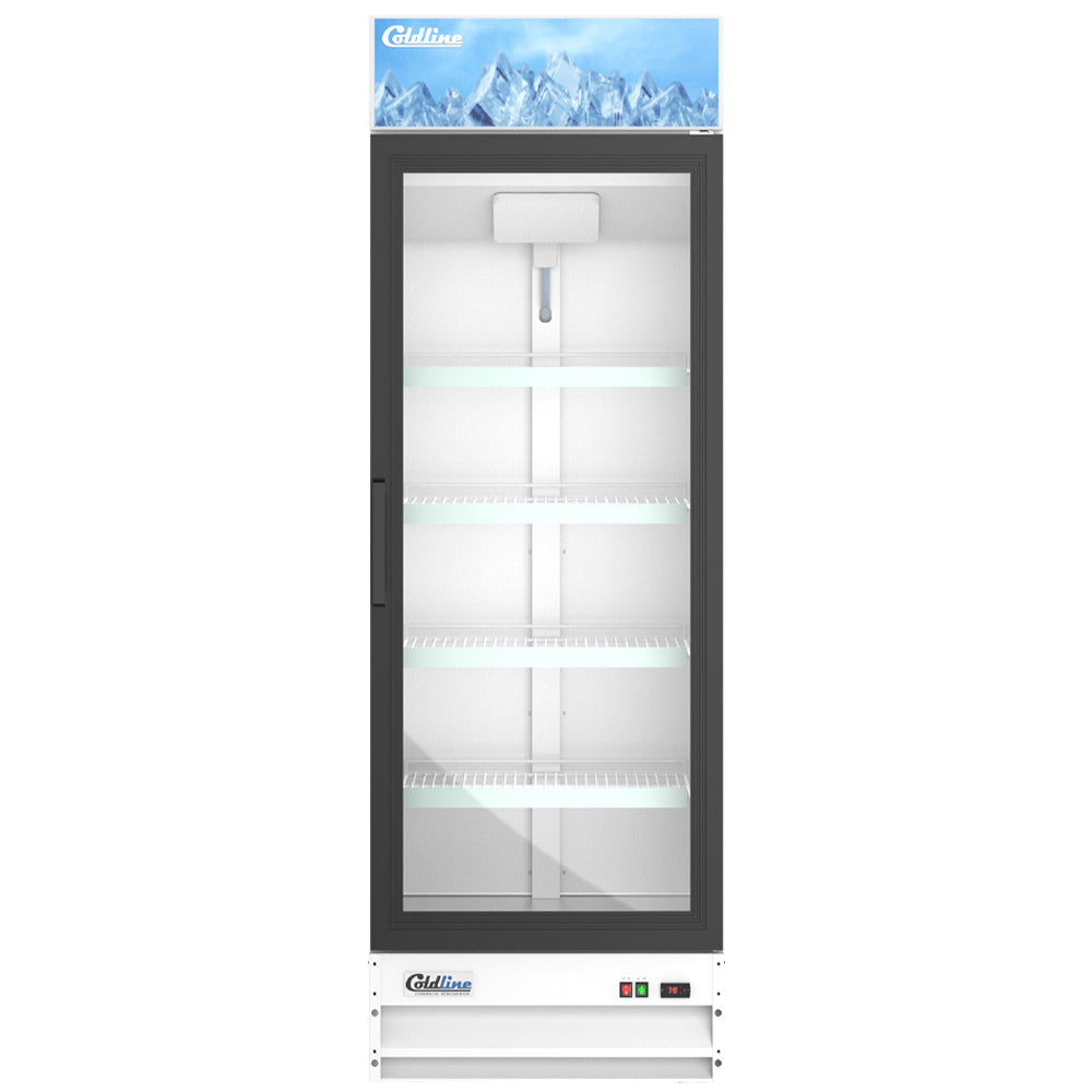 Coldline G15-W white glass door merchandiser refrigerator, front view, empty
