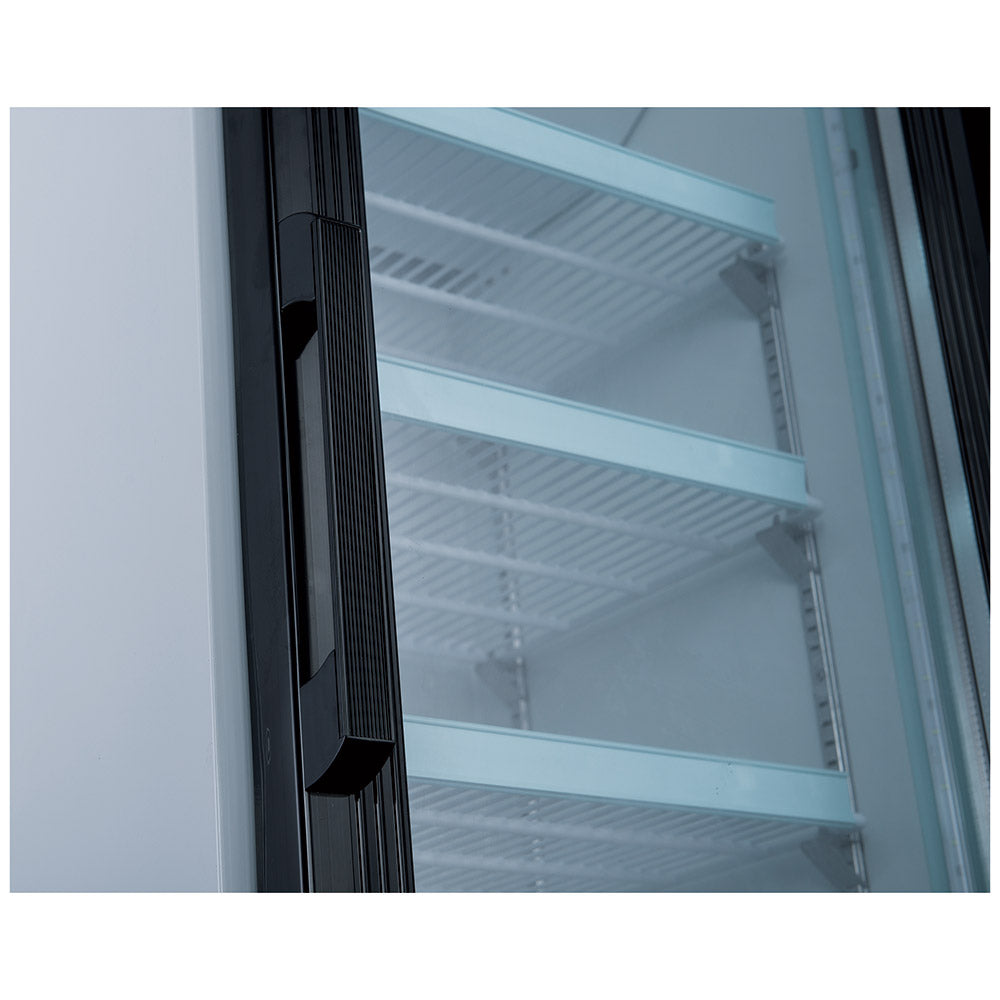 Coldline G10-W white glass door merchandiser refrigerator, close-up of the door handle and shelves