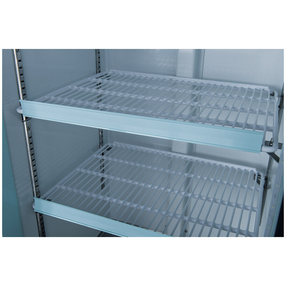 Coldline G10-W white glass door merchandiser refrigerator, close-up of the shelves