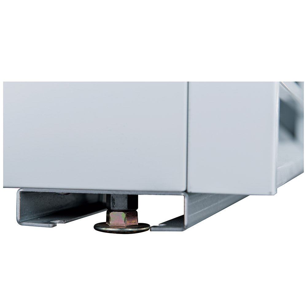 Coldline G10-W white glass door merchandiser refrigerator, close-up of a leveling foot