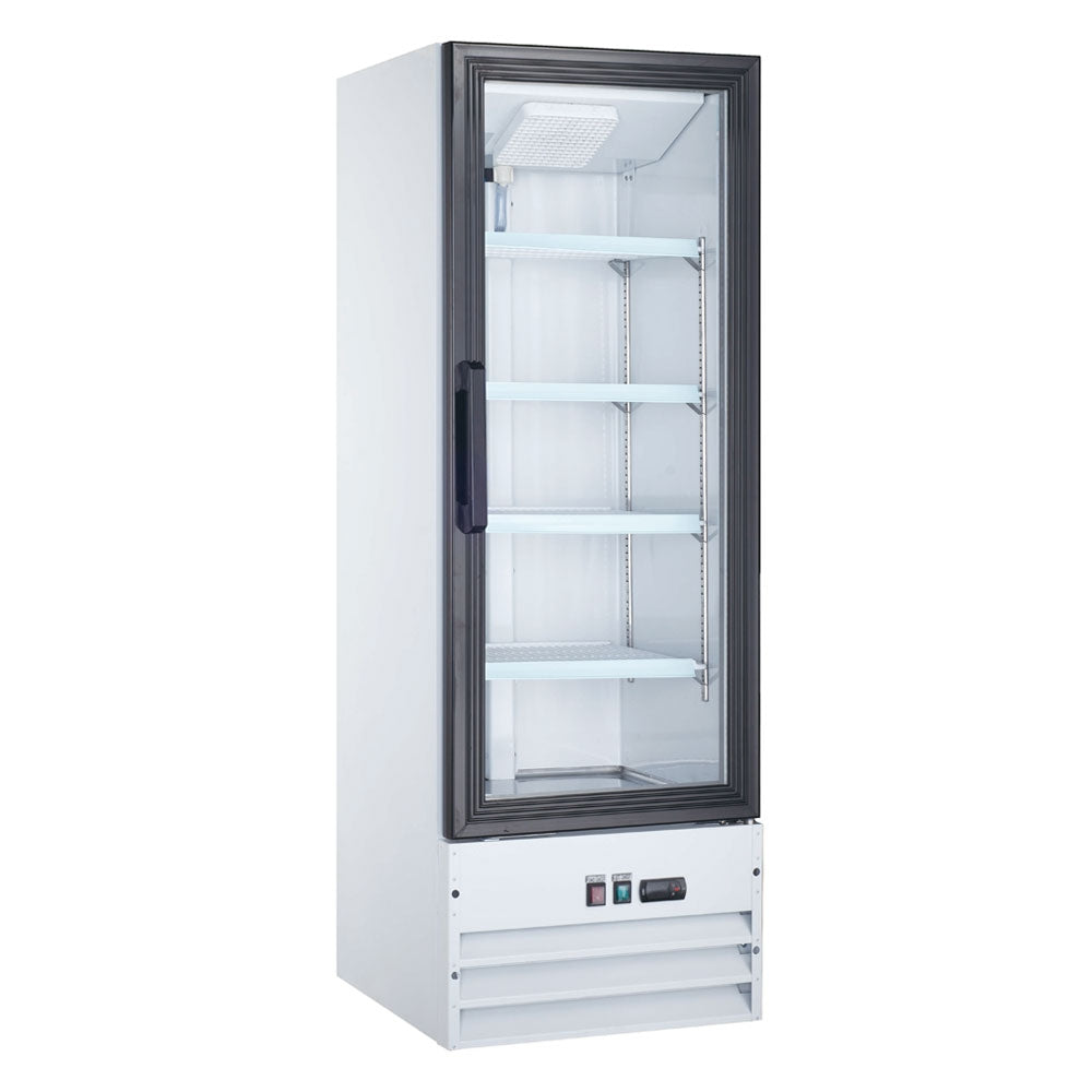 Coldline G10-W white glass door merchandiser refrigerator, front view, empty