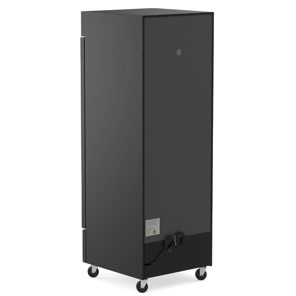 Coldline D30-B black glass door merchandiser freezer, rear angled view