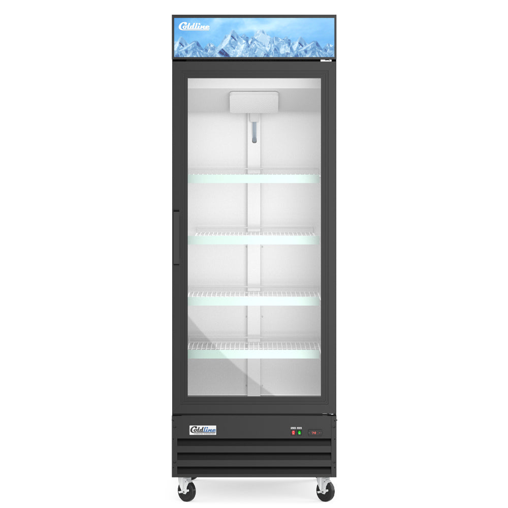 Coldline G28-B black glass door merchandiser refrigerator, front view, empty